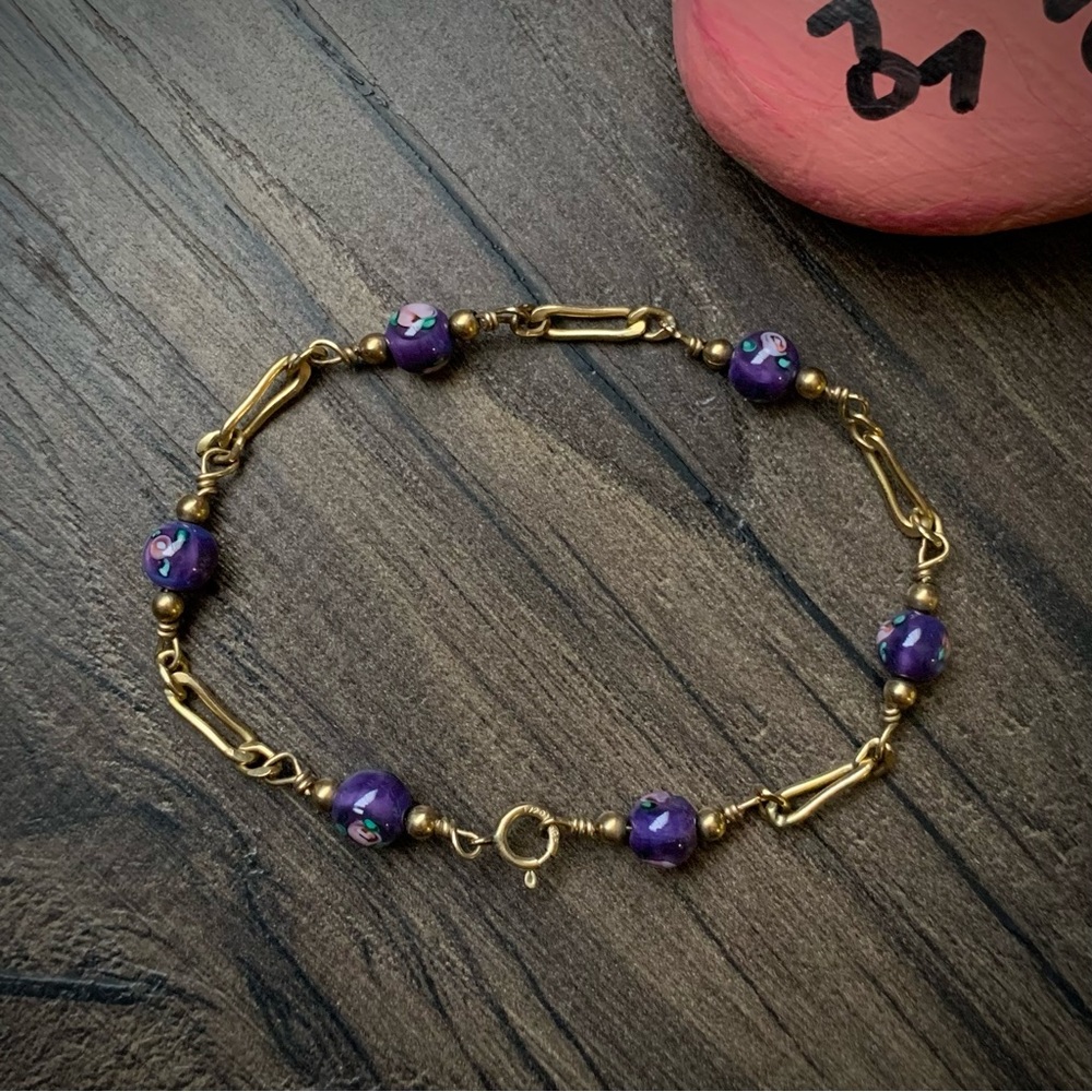 Vintage gold filled beaded bracelet purple pink roses